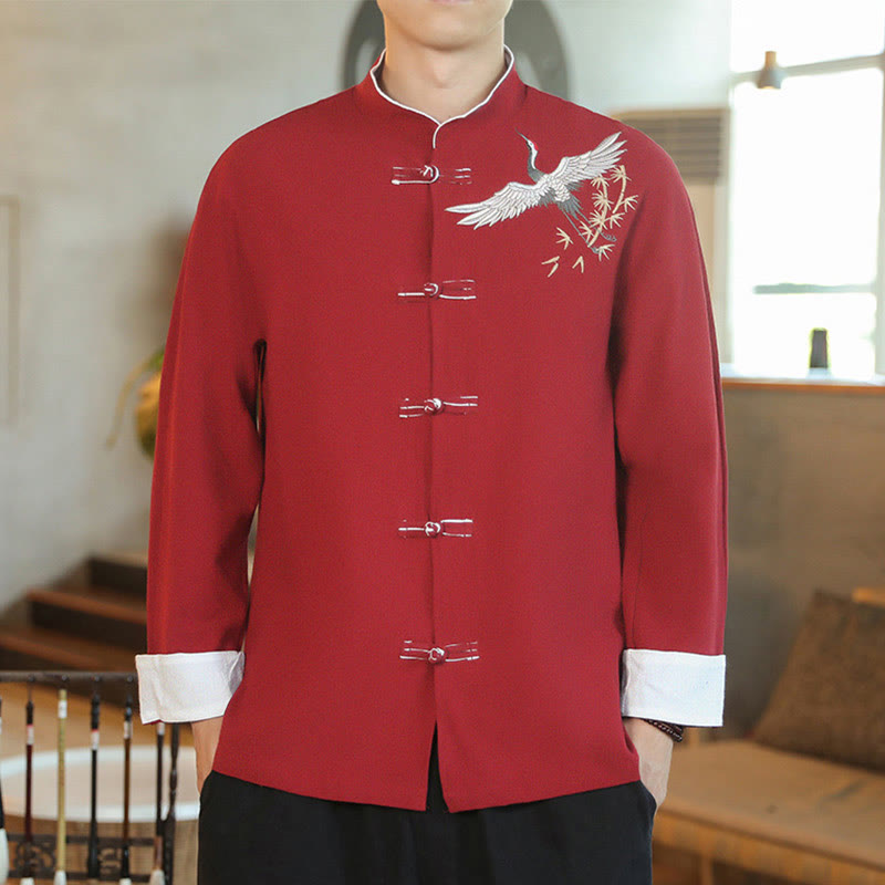 Nimara Ritual Chinese New Year Flying Crane Embroidery Frog-button Tang Suit Cotton Men's Jacket Shirt