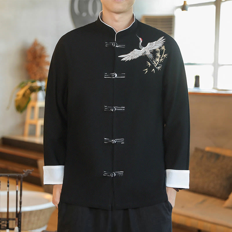 Nimara Ritual Chinese New Year Flying Crane Embroidery Frog-button Tang Suit Cotton Men's Jacket Shirt