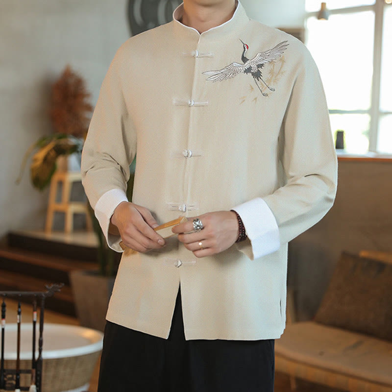 Nimara Ritual Chinese New Year Flying Crane Embroidery Frog-button Tang Suit Cotton Men's Jacket Shirt