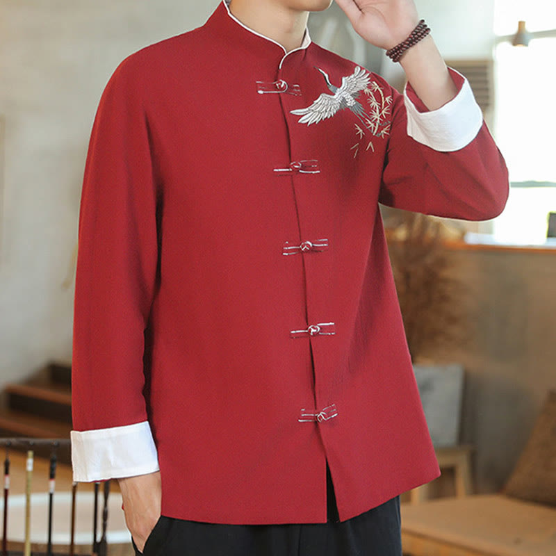 Nimara Ritual Chinese New Year Flying Crane Embroidery Frog-button Tang Suit Cotton Men's Jacket Shirt