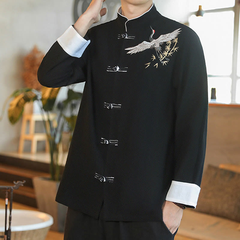 Nimara Ritual Chinese New Year Flying Crane Embroidery Frog-button Tang Suit Cotton Men's Jacket Shirt