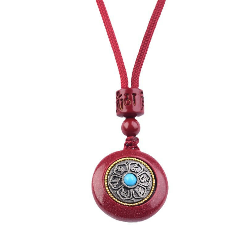 Nimara Ritual Natural Cinnabar Six True Words 'Om Mani Padme Hum' Braided String Blessing Key Chain Necklace Pendant
