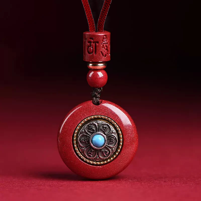 Nimara Ritual Natural Cinnabar Six True Words 'Om Mani Padme Hum' Braided String Blessing Key Chain Necklace Pendant