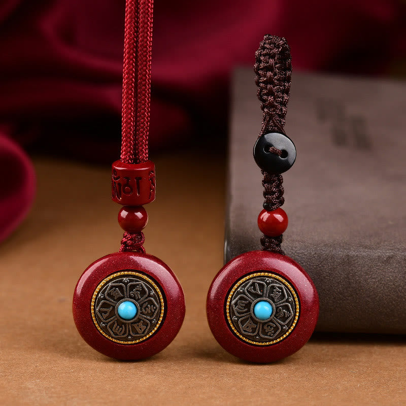 Nimara Ritual Natural Cinnabar Six True Words 'Om Mani Padme Hum' Braided String Blessing Key Chain Necklace Pendant