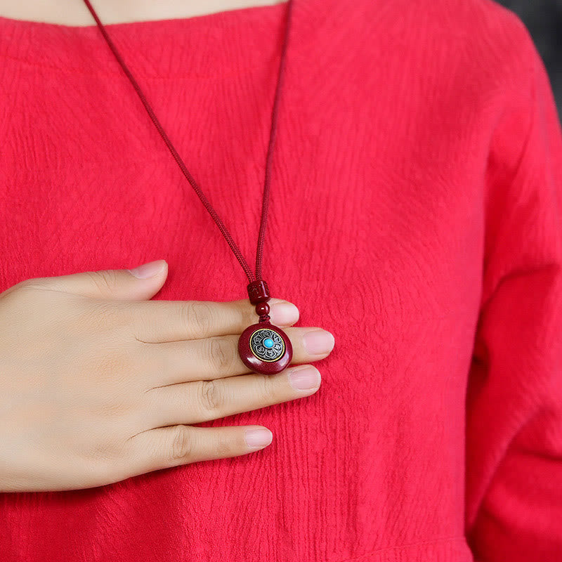Nimara Ritual Natural Cinnabar Six True Words 'Om Mani Padme Hum' Braided String Blessing Key Chain Necklace Pendant