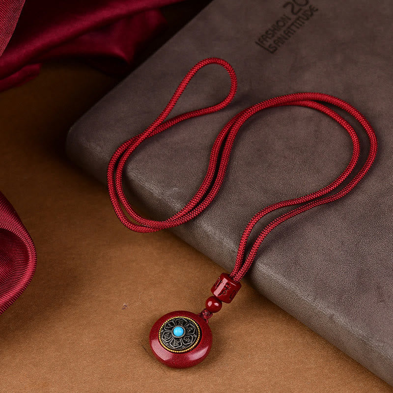 Nimara Ritual Natural Cinnabar Six True Words 'Om Mani Padme Hum' Braided String Blessing Key Chain Necklace Pendant