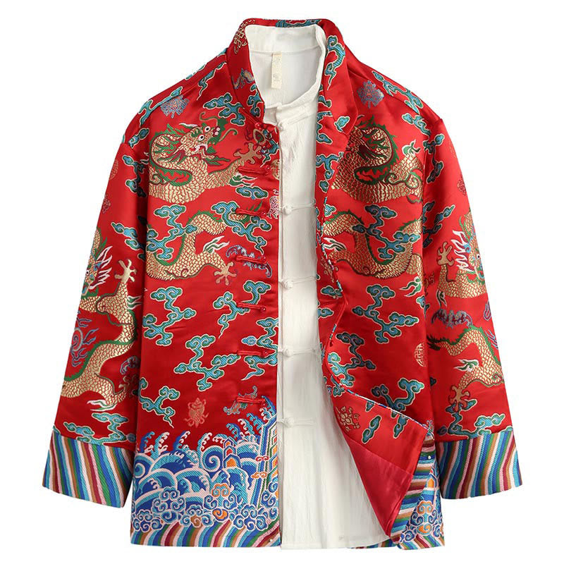 Nimara Ritual Chinese New Year Dragon Embroidery Auspicious Clouds Frog-button Tang Suit Men's Jacket Shirt