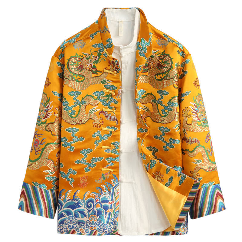 Nimara Ritual Chinese New Year Dragon Embroidery Auspicious Clouds Frog-button Tang Suit Men's Jacket Shirt