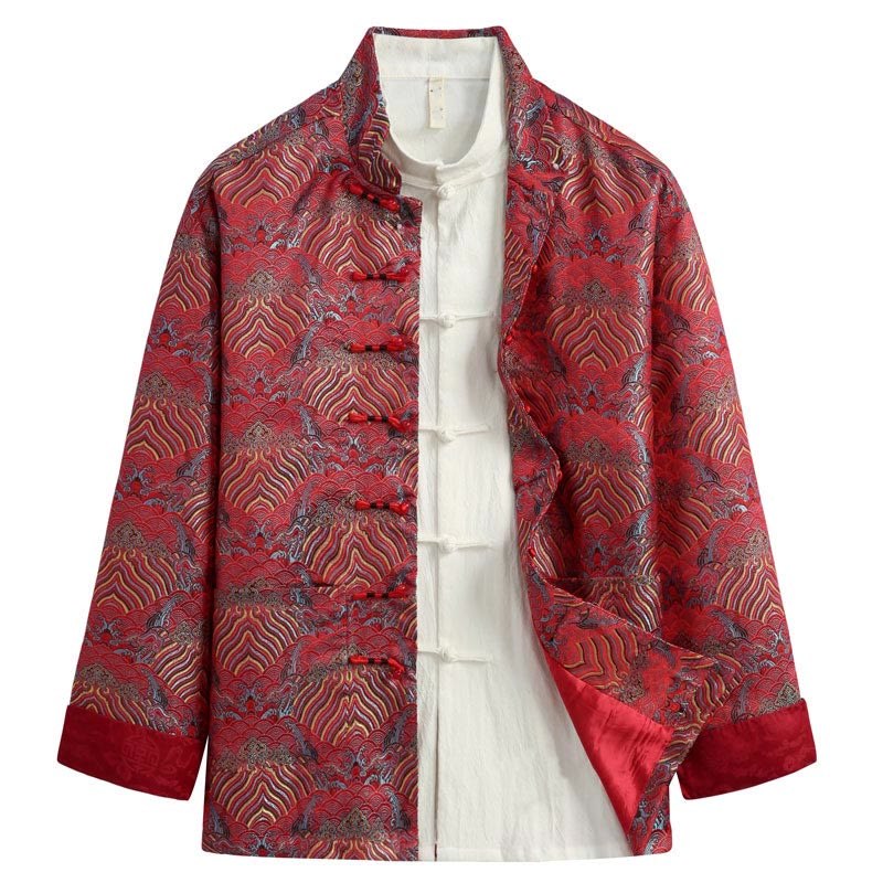 Nimara Ritual Chinese New Year Jacquard Damask Seawater Pattern Frog-button Tang Suit Men's Jacket Shirt With Pockets