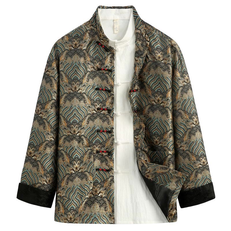 Nimara Ritual Chinese New Year Jacquard Damask Seawater Pattern Frog-button Tang Suit Men's Jacket Shirt With Pockets