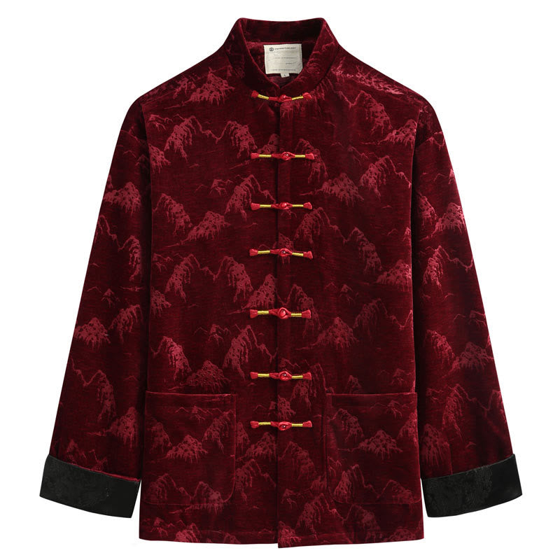 Nimara Ritual Chinese New Year Landscape Print Handmade Frog-button Tang Suit Men's Jacket Shirt With Pockets