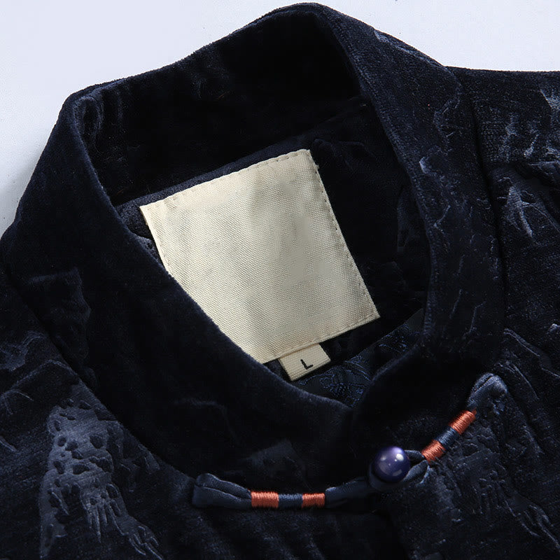 Nimara Ritual Chinese New Year Landscape Print Handmade Frog-button Tang Suit Men's Jacket Shirt With Pockets
