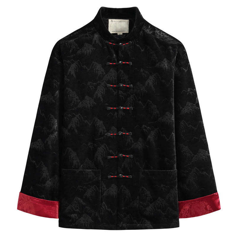 Nimara Ritual Chinese New Year Landscape Print Handmade Frog-button Tang Suit Men's Jacket Shirt With Pockets