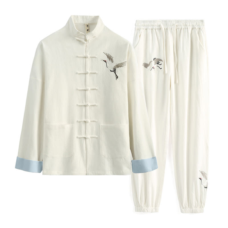 Nimara Ritual Chinese New Year Crane Embroidery Tang Suit Hanfu Long Sleeve Top Pants Clothing Cotton Linen Men's Set With Pockets