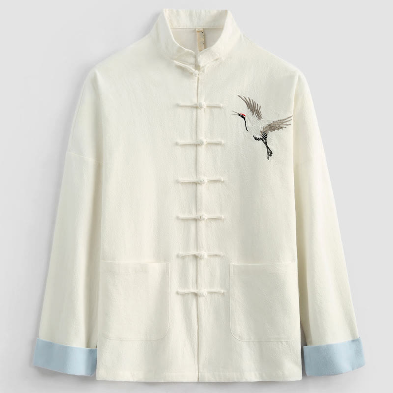 Nimara Ritual Chinese New Year Crane Embroidery Tang Suit Hanfu Long Sleeve Top Pants Clothing Cotton Linen Men's Set With Pockets