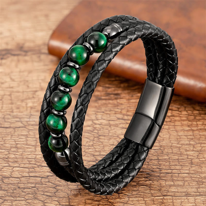 Nimara Ritual Tiger Eye Lava Rock Hematite Black Onyx Bead Positive Leather Bracelet