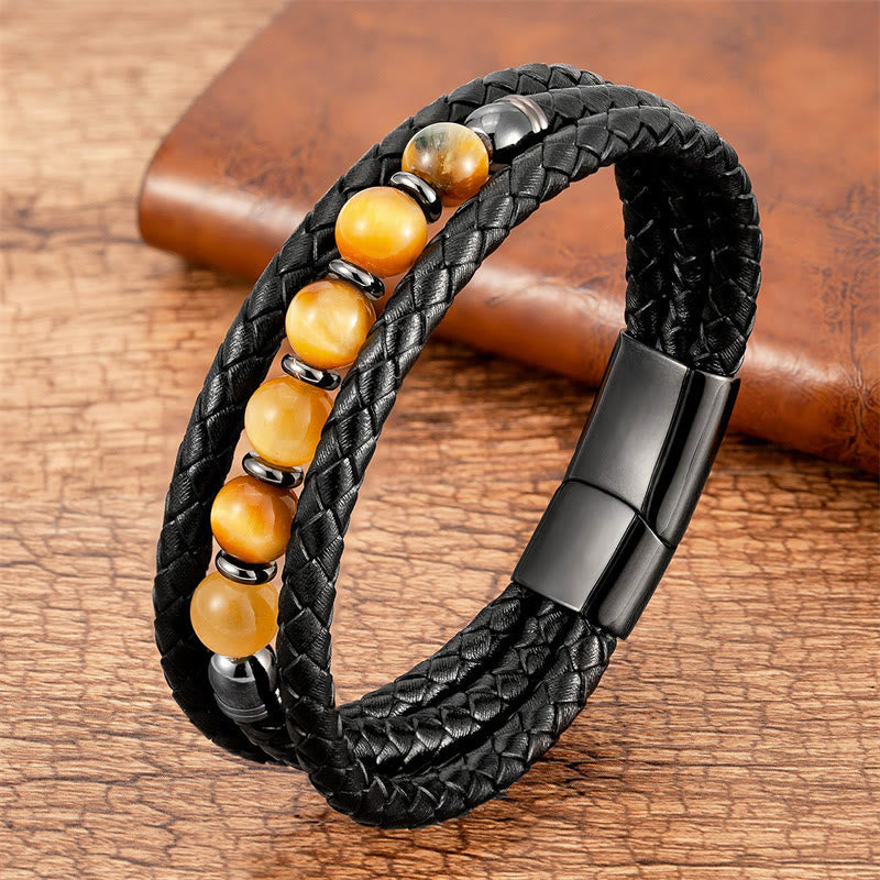 Nimara Ritual Tiger Eye Lava Rock Hematite Black Onyx Bead Positive Leather Bracelet