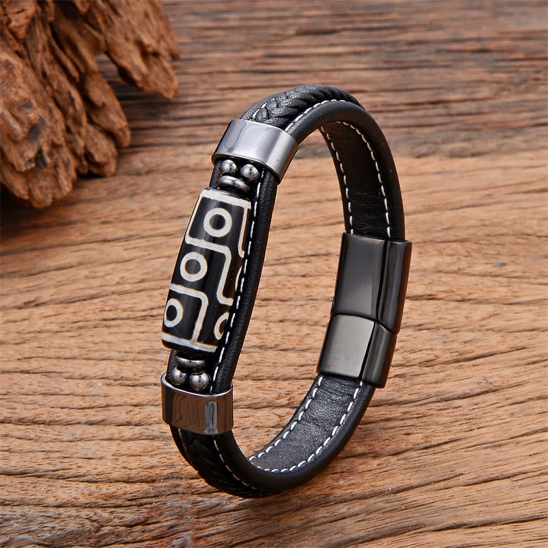 Nimara Ritual Tibetan Nine-Eye Dzi Bead Wealth Leather Buckle Bracelet