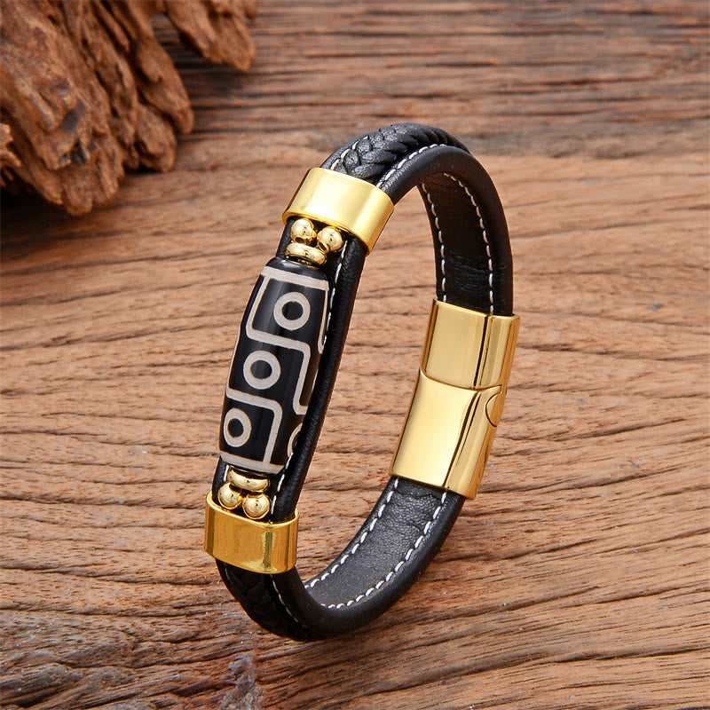Nimara Ritual Tibetan Nine-Eye Dzi Bead Wealth Leather Buckle Bracelet