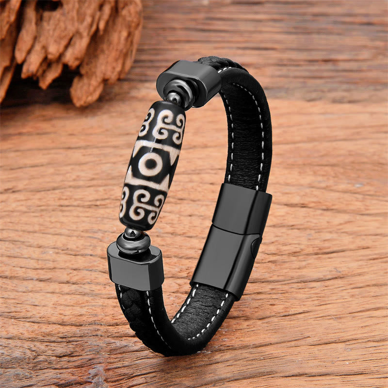 Nimara Ritual Tibetan Dzi Bead Protection Blessings Leather Bracelet
