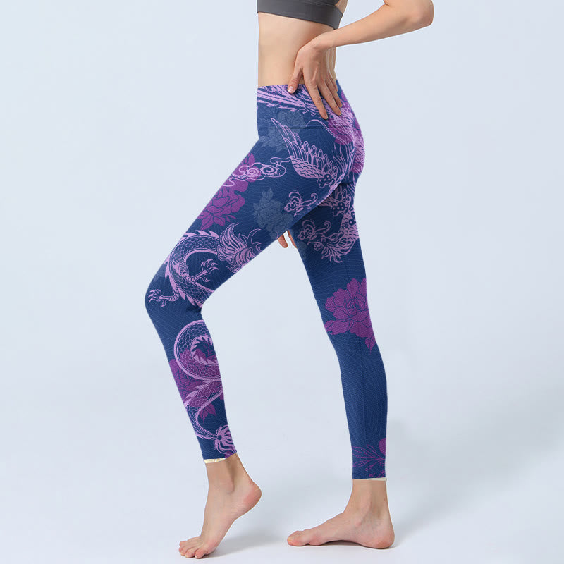 Nimara Ritual Purple Dragon Phoenix Flowers Print Gym Leggings Women's Yoga Pants