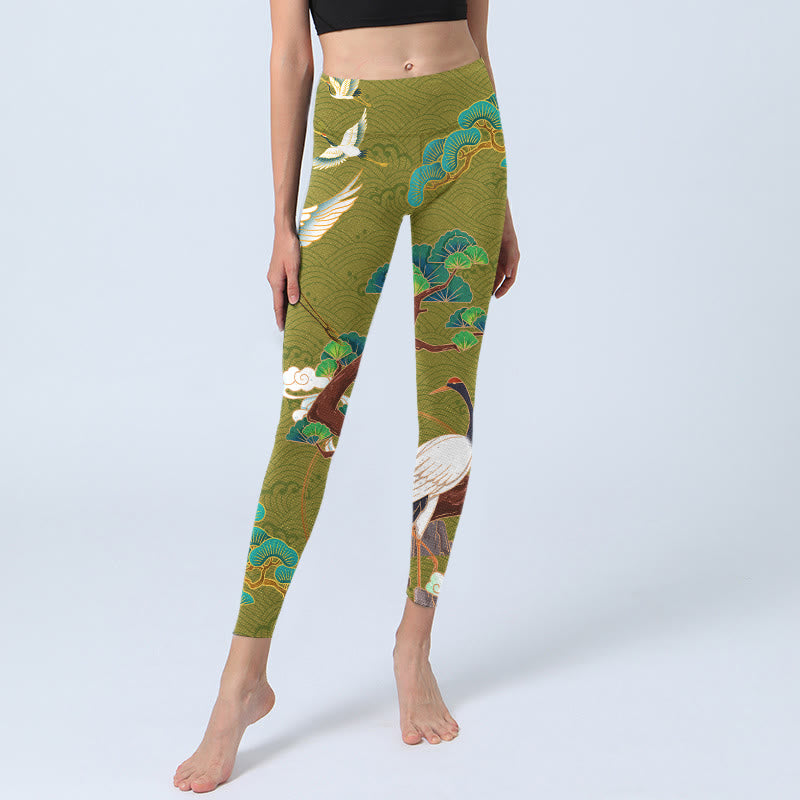 Nimara Ritual Flying Cranes Auspicious Clouds Trees Print Gym Leggings Women's Yoga Pants