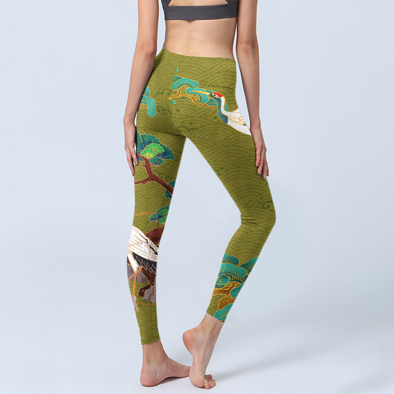 Nimara Ritual Flying Cranes Auspicious Clouds Trees Print Gym Leggings Women's Yoga Pants