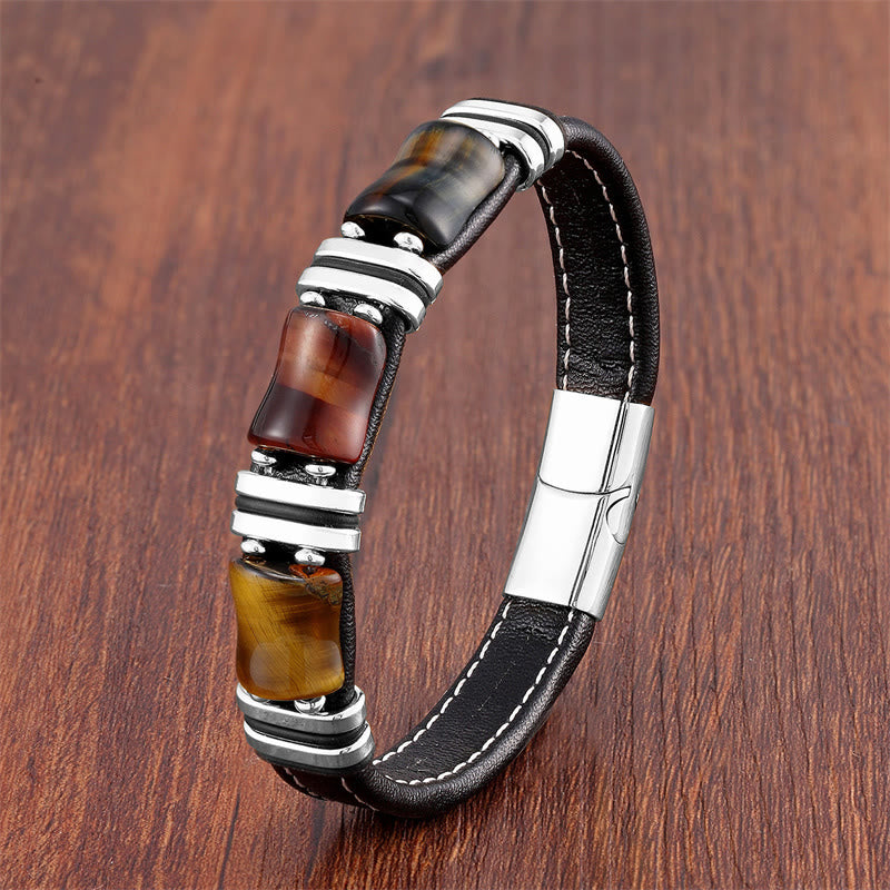 Nimara Ritual Tiger Eye Three Bamboo Stone Protection Power Leather Bracelet