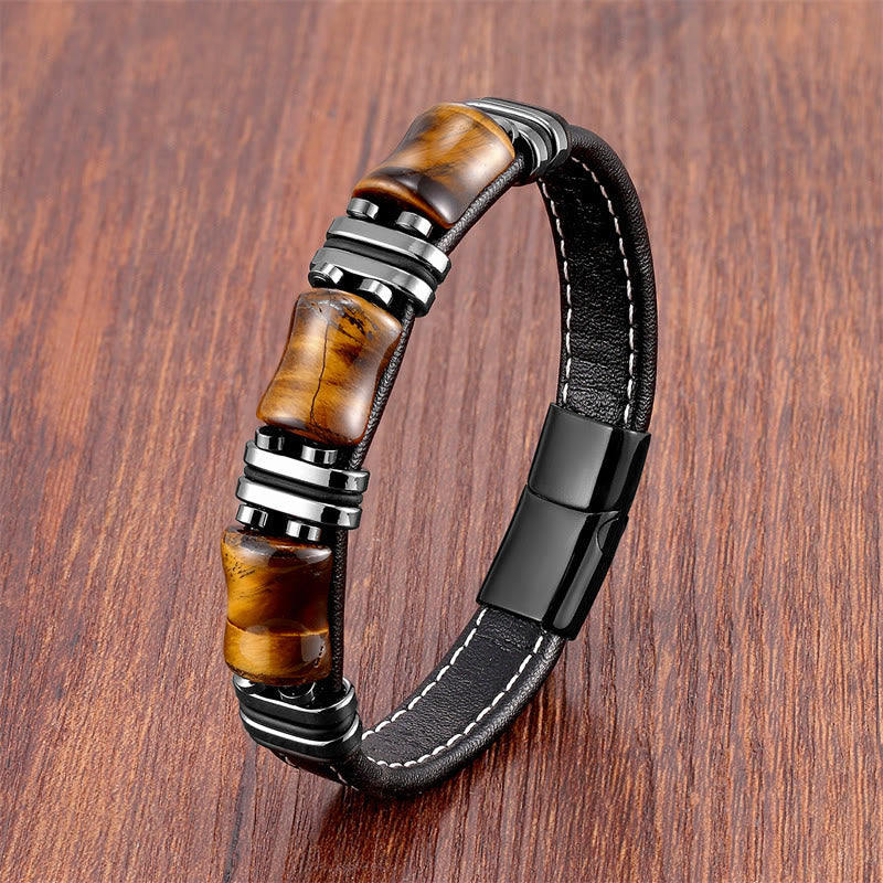 Nimara Ritual Tiger Eye Three Bamboo Stone Protection Power Leather Bracelet