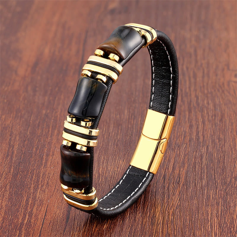 Nimara Ritual Tiger Eye Three Bamboo Stone Protection Power Leather Bracelet