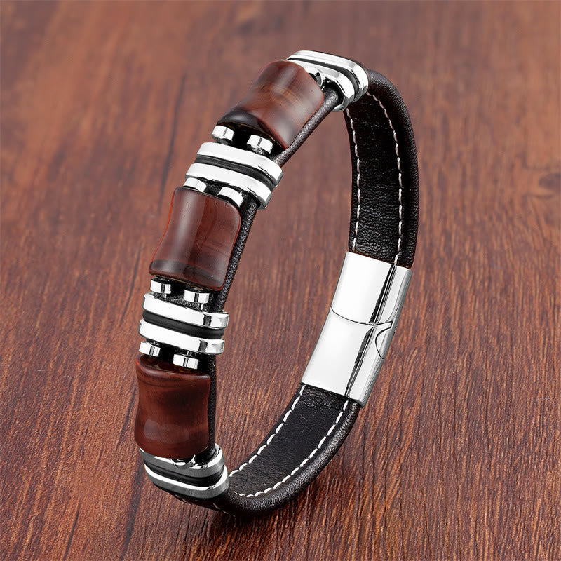 Nimara Ritual Tiger Eye Three Bamboo Stone Protection Power Leather Bracelet