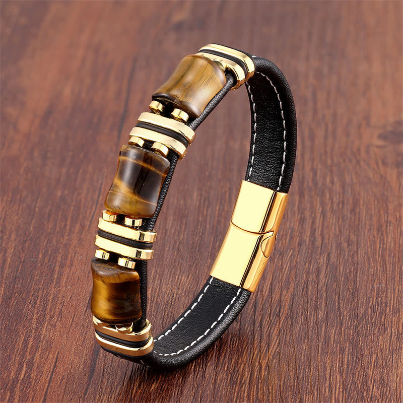 Nimara Ritual Tiger Eye Three Bamboo Stone Protection Power Leather Bracelet