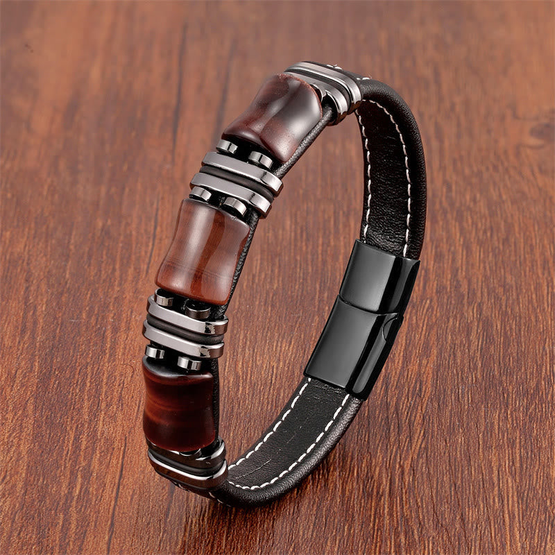Nimara Ritual Tiger Eye Three Bamboo Stone Protection Power Leather Bracelet