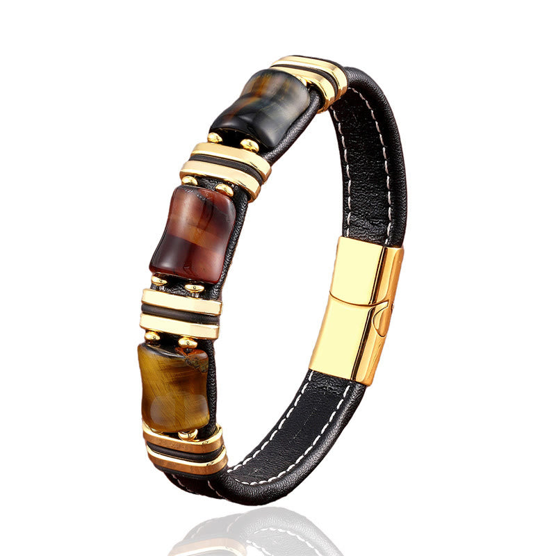 Nimara Ritual Tiger Eye Three Bamboo Stone Protection Power Leather Bracelet