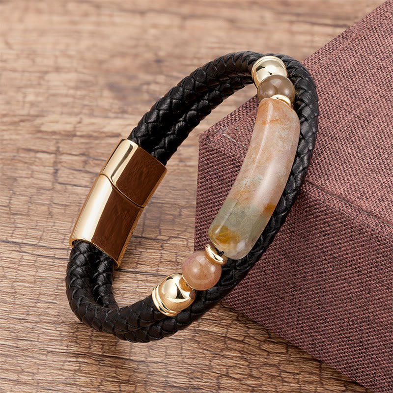 Nimara Ritual Green Aventurine Tiger Eye Green Agate Black Onyx Hematite Stone Luck Leather Magnetic Buckle Bracelet