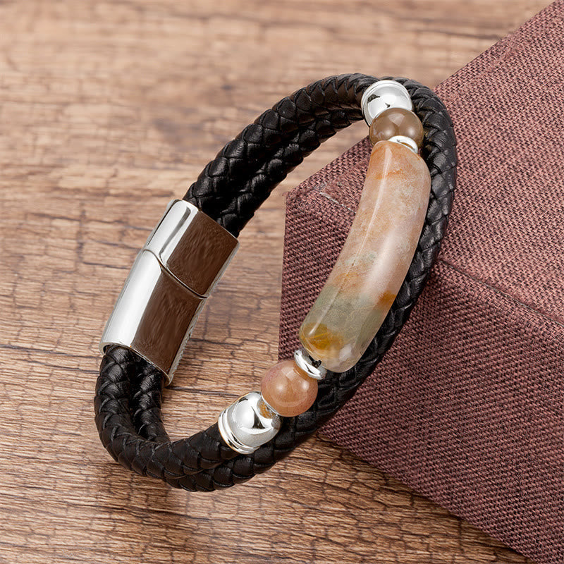 Nimara Ritual Green Aventurine Tiger Eye Green Agate Black Onyx Hematite Stone Luck Leather Magnetic Buckle Bracelet