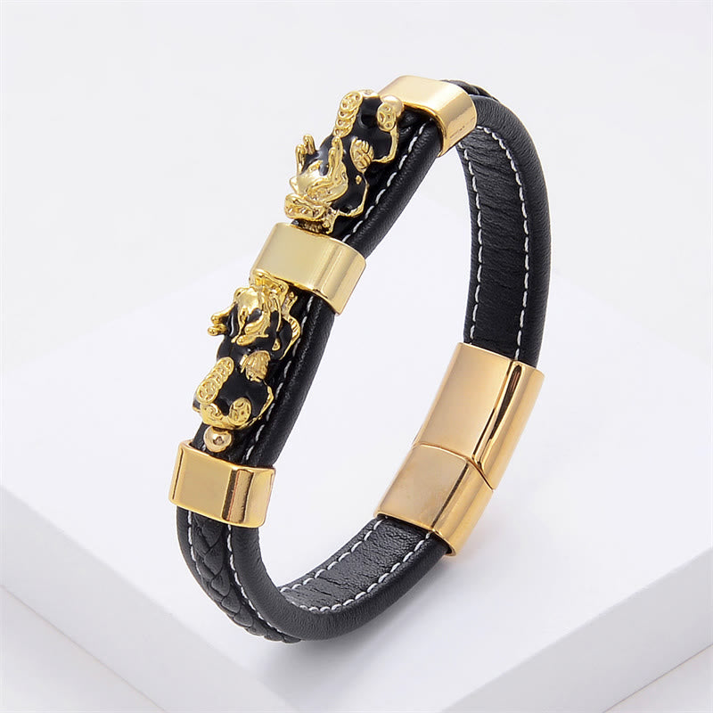 Nimara Ritual Double PiXiu Wealth Luck Leather Magnetic Buckle Bracelet