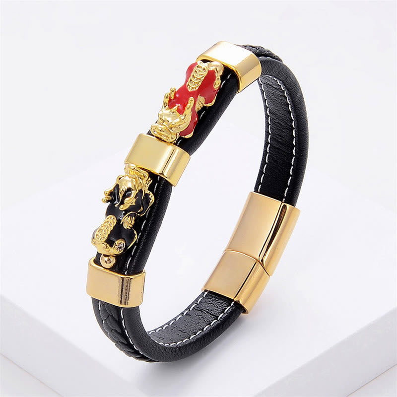 Nimara Ritual Double PiXiu Wealth Luck Leather Magnetic Buckle Bracelet