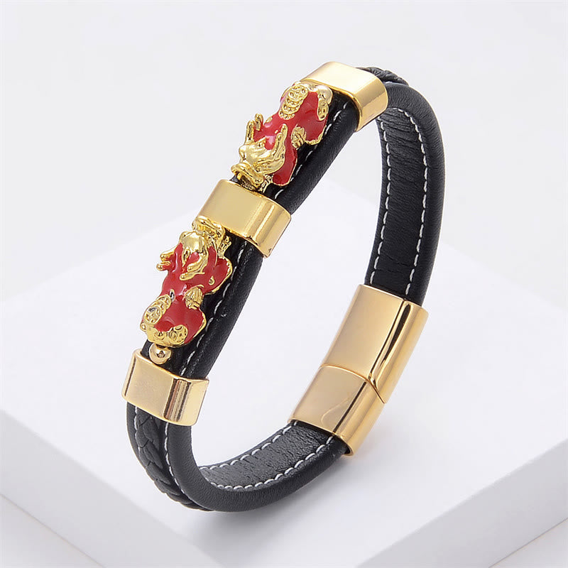 Nimara Ritual Double PiXiu Wealth Luck Leather Magnetic Buckle Bracelet