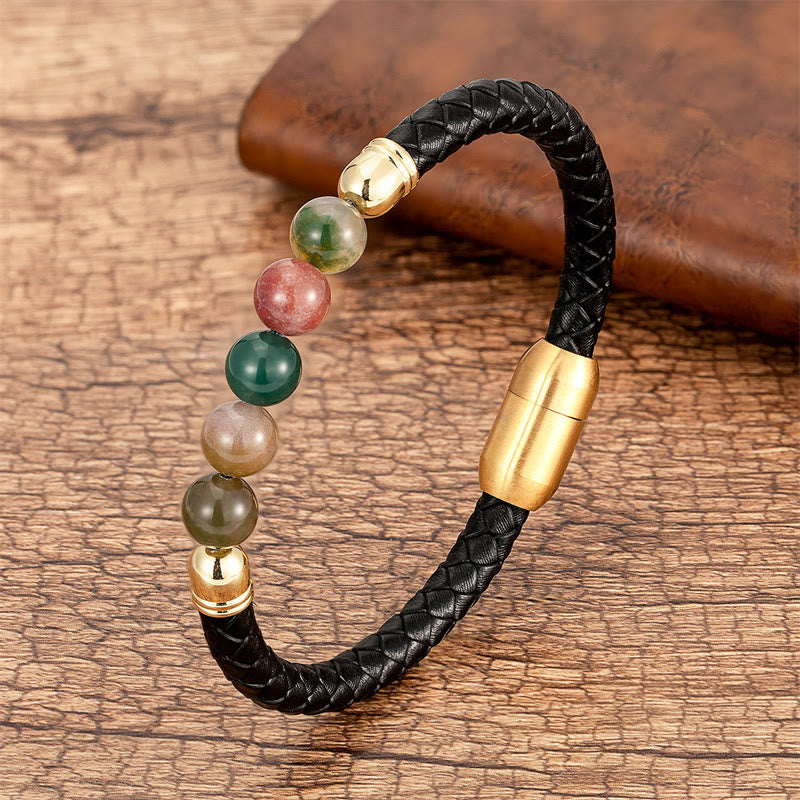 Nimara Ritual Blue Agate Tiger Eye Lava Rock Black Onyx Lazurite Bead Protection Leather Bracelet
