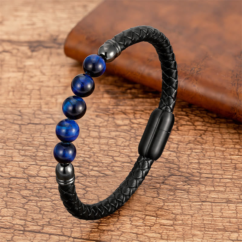 Nimara Ritual Blue Agate Tiger Eye Lava Rock Black Onyx Lazurite Bead Protection Leather Bracelet
