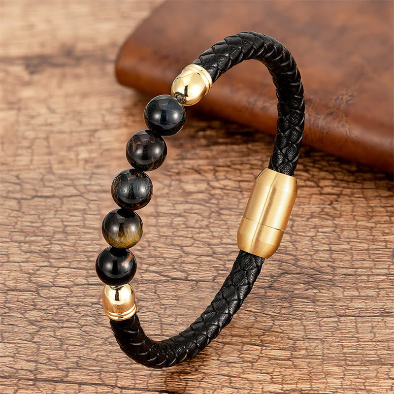 Nimara Ritual Blue Agate Tiger Eye Lava Rock Black Onyx Lazurite Bead Protection Leather Bracelet