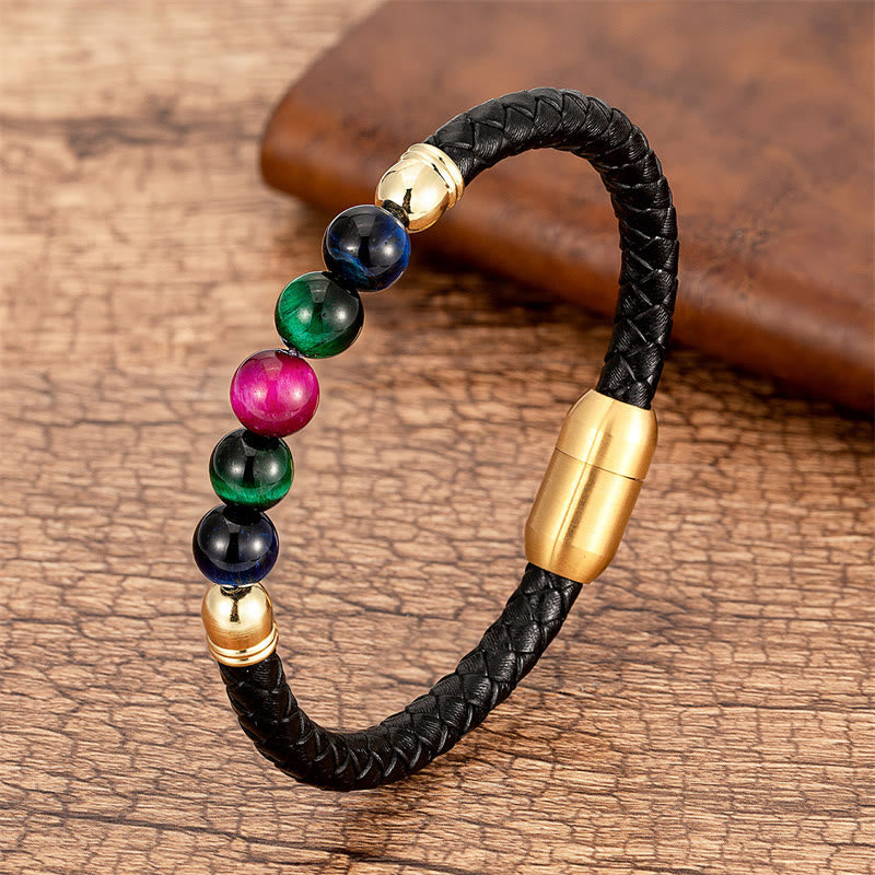 Nimara Ritual Blue Agate Tiger Eye Lava Rock Black Onyx Lazurite Bead Protection Leather Bracelet
