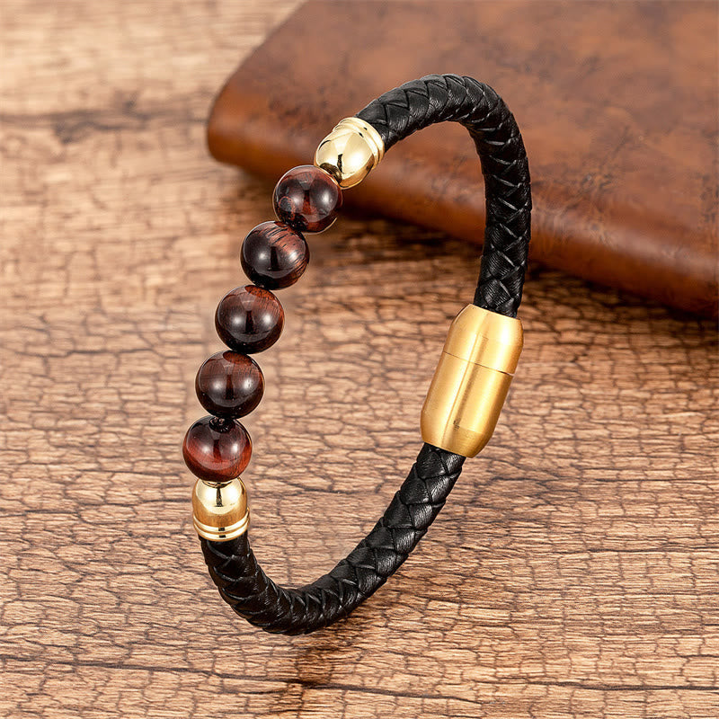 Nimara Ritual Blue Agate Tiger Eye Lava Rock Black Onyx Lazurite Bead Protection Leather Bracelet