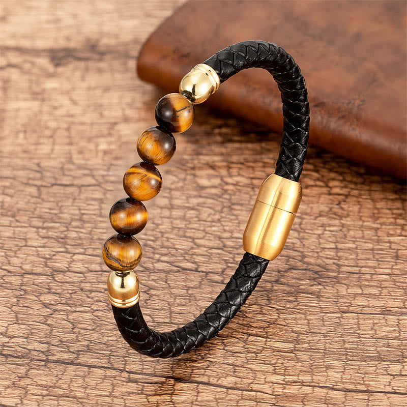 Nimara Ritual Blue Agate Tiger Eye Lava Rock Black Onyx Lazurite Bead Protection Leather Bracelet