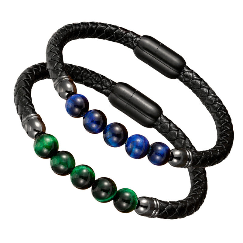 Nimara Ritual Blue Agate Tiger Eye Lava Rock Black Onyx Lazurite Bead Protection Leather Bracelet