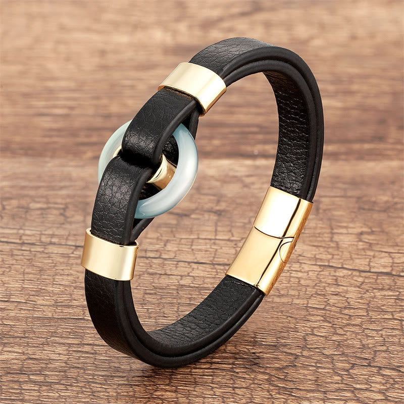 Nimara Ritual Round Green Aventurine Black Onyx Hematite Agate Rose Quartz Stone Balance Leather Magnetic Buckle Bracelet
