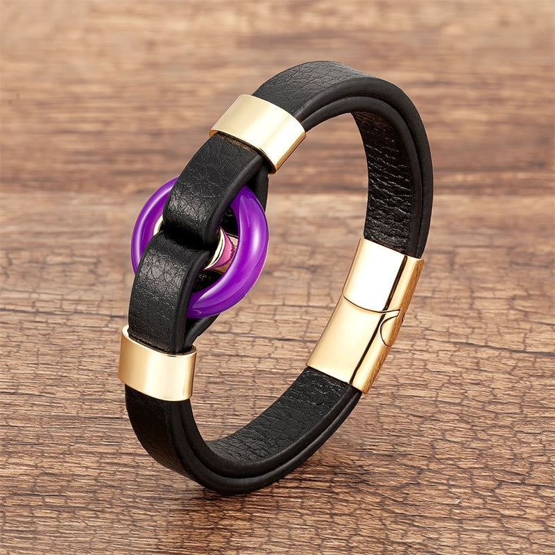 Nimara Ritual Round Green Aventurine Black Onyx Hematite Agate Rose Quartz Stone Balance Leather Magnetic Buckle Bracelet