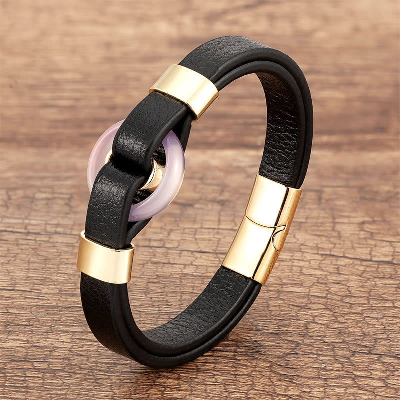 Nimara Ritual Round Green Aventurine Black Onyx Hematite Agate Rose Quartz Stone Balance Leather Magnetic Buckle Bracelet