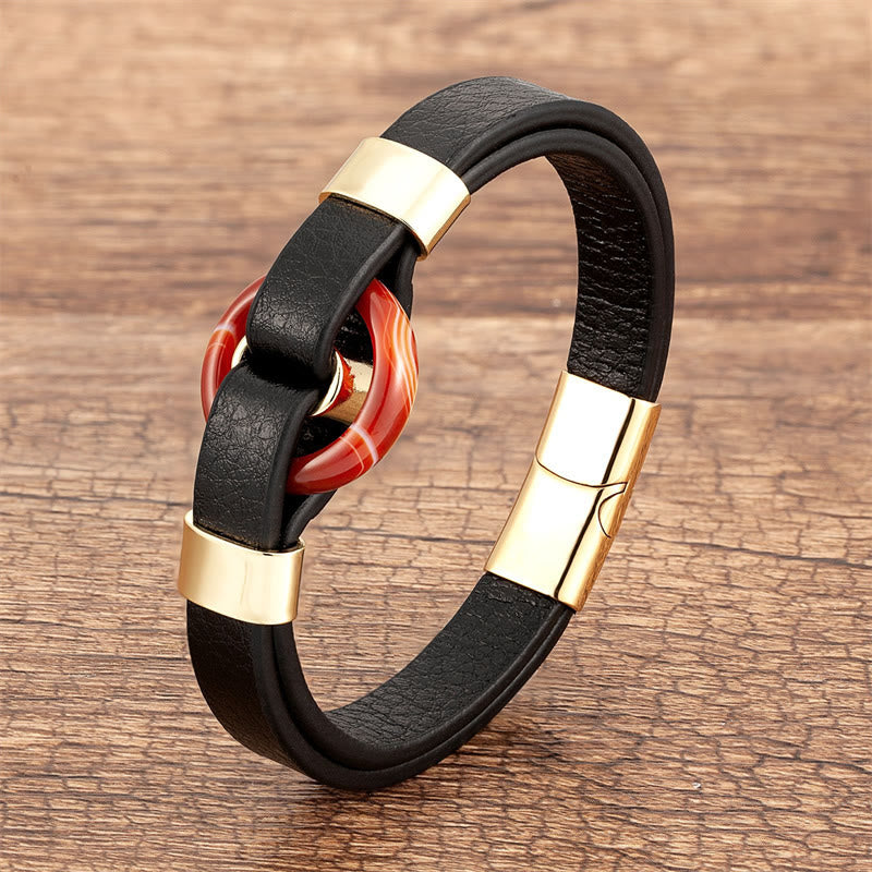Nimara Ritual Round Green Aventurine Black Onyx Hematite Agate Rose Quartz Stone Balance Leather Magnetic Buckle Bracelet
